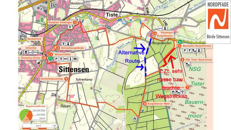 Alternative Route: Ein Abschnitt des NORDPFADES Börde Sittensen ist zur Zeit sehr feucht © TouROW