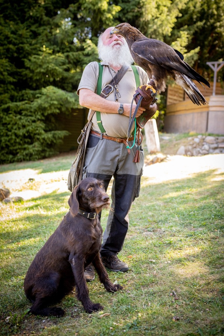 Lothar Askani mit seinem Deutsch-Drahthaar-Hund „Vita“ und einem Steinadler. Foto: Wildpark/Adrian Fohl