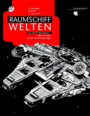 Plakat der aktuellen Ausstellung Raumschiffwelten aus LEGO® Bausteinen - Stein auf Stein aus der Sammlung Lange ©Bomann-Museum Celle