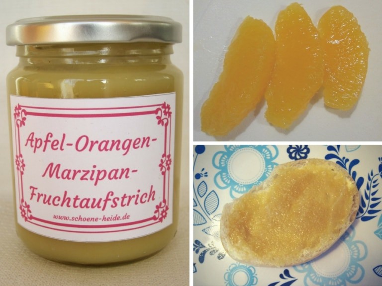 Selbstgekochte Marmelade mit Äpfeln, Orangen und Marzipanrohmasse