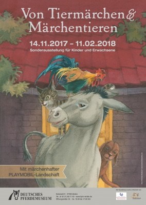 Ausstellungsplakat mit dem Titelmotiv der Bremer Stadtmusikanten des Kinderbuchillustrators Bernhard Oberdieck.