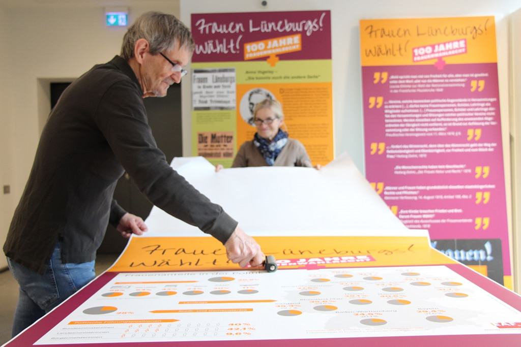 Die Museumsmitarbeiter Jerzy und Helena Strzalkowski bei den letzten Vorbereitungen für die Ausstellung. Alle Exponate hat das Museum Lüneburg selbst zusammengetragen und erstellt.  Fotos: Hansestadt Lüneburg