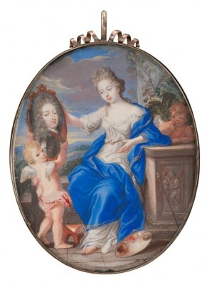 Französisch, Allegorische Darstellung der Malerei mit dem Bildnis eines Herrn, Gouache auf Pergament, auf Kupferplatte aufgezogen, 10 x 8,1 cm, um 1690 © Tansey Miniatures Foundation, Celle