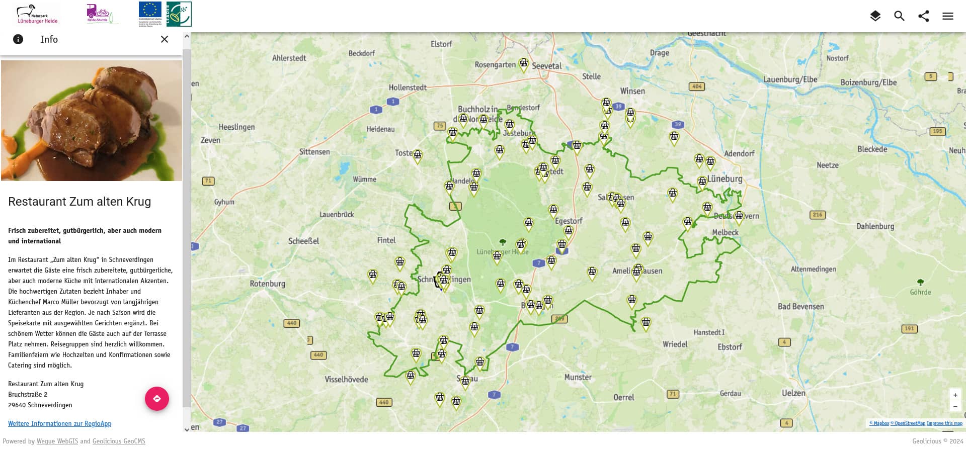 Screenshot der RegioApp-Betriebe in der interaktiven Karte des Naturparks Lüneburger Heid