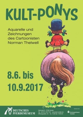 Ausstellungplakat der Ausstellung "Kult-Ponys" mit Werken von Norman Thelwell vom 08.06. - 10.09.2017 im DPM in Verden