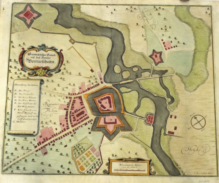 Der Grundriss des Schlosses und des Ortes Bremervörde um 1646 in einem kolorierten Kupferstich von Conrad Anton Mardefeld. © Bachmann-Museum Bremervörde